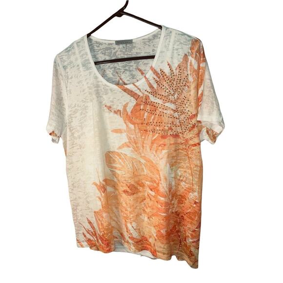 L Kate & Henry Tee Orange Fern Print Faceted Brads Bling V-Neck Lined Shirt GUC - Picture 1 of 12
